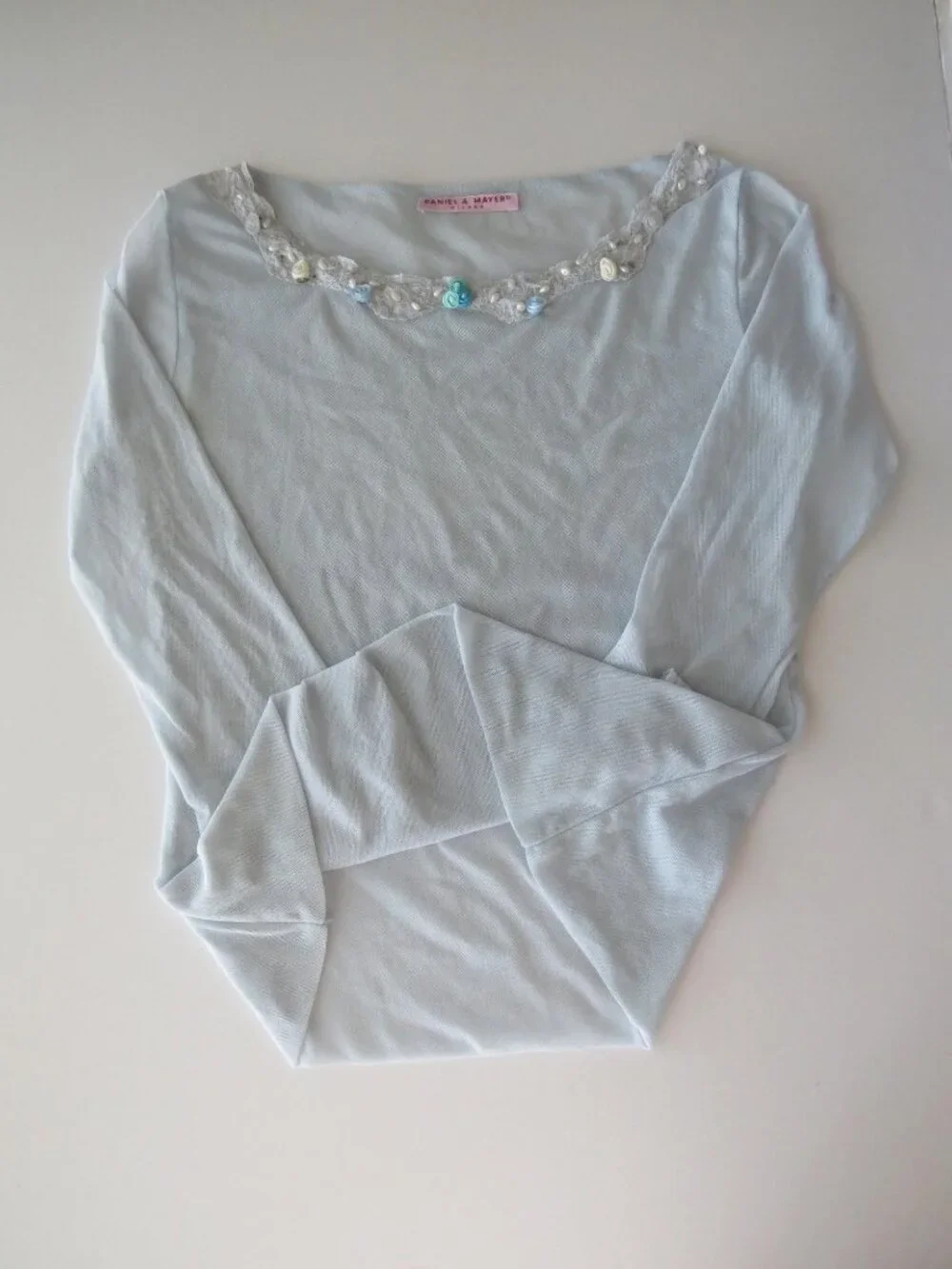 Vintage Italian Daniel & Mayer Top, Beaded Powder Blue Mesh Cami, Made in Italy